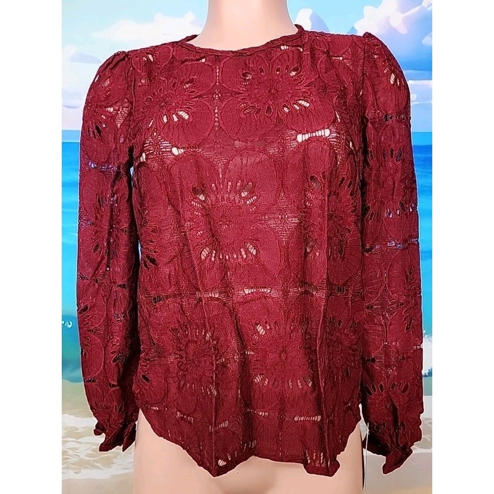 Cupshe NWT Burgundy Floral Lace Eyelet Long Sleeve Ruffle Cuff Blouse Top - S